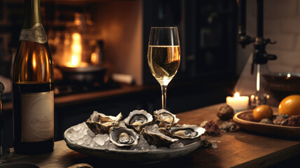 Bottle of glasses of champagne and oysters on lounge table with romantic fire in the background, dining experience of sophistication and love