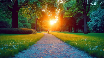 Fototapeten park path leads towards a setting sun, with trees, green grass, and flowers on a peaceful evening © weerasak