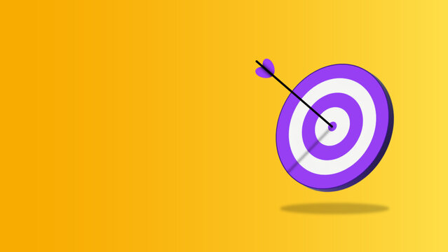 3d purple target with arrow hit center on yellow background. Business achievement goal and objective target web banner. Digital marketing, SEO optimization and social media concept. Vector design.