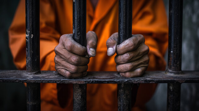 person's hands grasping the bars of a prison cell, dressed in an orange prison uniform