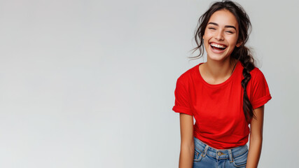 Hispanic woman wear red t-shirt smile laugh out loud isolated
