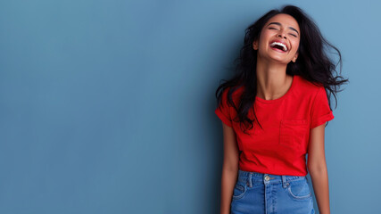 Indian woman wear red t-shirt smile laugh out loud isolated - obrazy, fototapety, plakaty