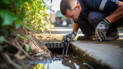Low angle view of man, clearing  drains - obrazy, fototapety, plakaty
