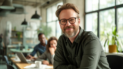 A smiling man with glasses is sitting in a casual office setting, exuding confidence and satisfaction.