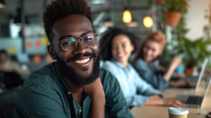 A smiling man with glasses is sitting in a casual office setting, exuding confidence and satisfaction.