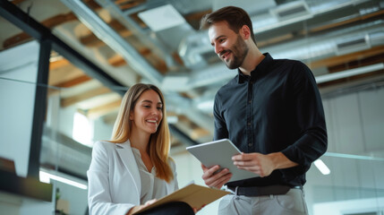 Two smiling professionals are engaged in a discussion, one holding a tablet and the other with documents, in a modern office environment.