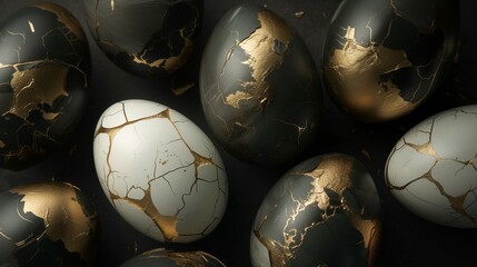 Easter eggs decorated in kintsugi style. Luxury black and white eggs with different crackle gold ornament. Easter celebration concept.