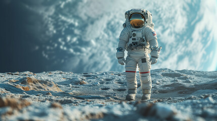 an astronaut in a space suit standing on the surface of the moon or some other planet without an atmosphere and in the background a huge planet similar to the earth