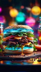 A juicy gourmet cheeseburger with fresh toppings is presented on a blue plate, highlighted by the colorful neon lights of a lively night-time diner.