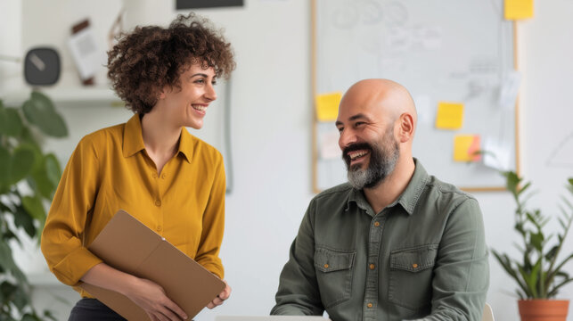 A woman holding a folder is smiling and having a lively conversation with a bearded man in a casual office environment.