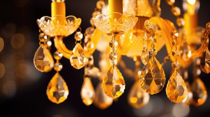 Crystal chandelier close-up. yellow, orange light glitter and bokeh texture or background. luxury life. Selective focus