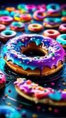 Fototapeta na wymiar Colorful Frosted Donuts With Sprinkles on a Reflective Surface at a Bakery