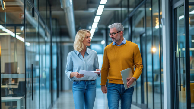A man and woman are walking through a corporate office corridor, engaged in conversation with the woman holding papers and the man carrying a laptop.