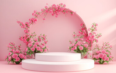 Fototapeta na wymiar Minimalist Product display podium with pink floral flowers background