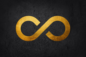 Abstract dark background with golden dust curve line, infinity sign. Vector illustration.