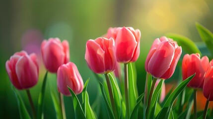 Fototapeta premium Pink tulips in bloom with soft sunlight. Spring garden and freshness concept.