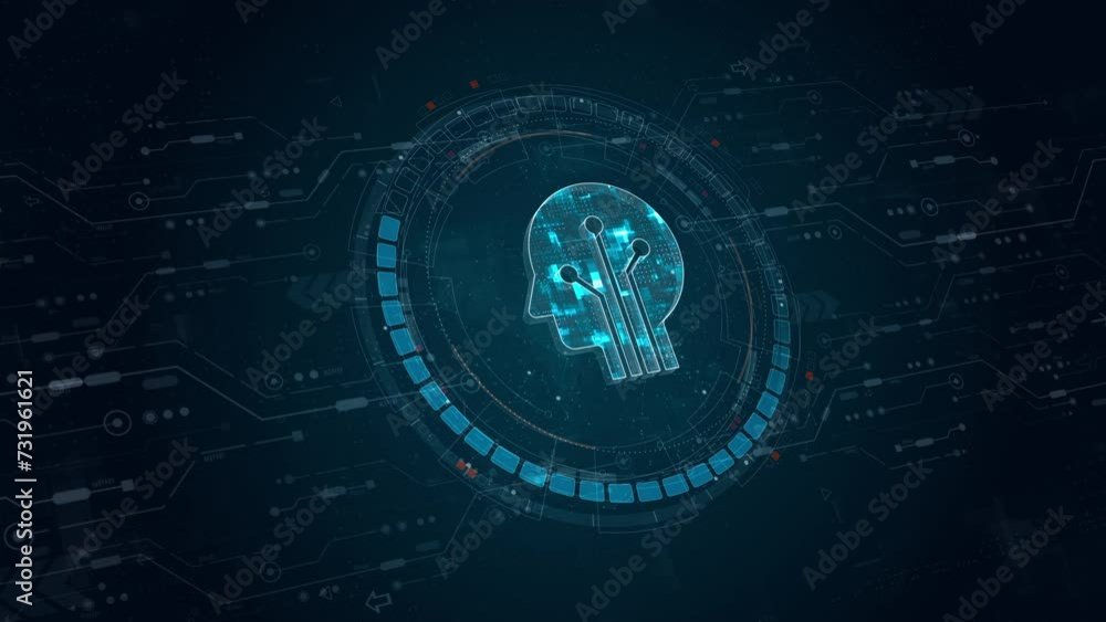 Poster motion graphic of blue digital robot head logo and circle futuristic hud with ai chatbot and machine