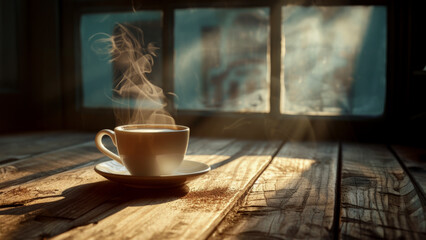 Morning Coffee. A cup of Coffee with steam, the morning light hits the table on a sunny autumn day blurred Background Outdoor, Copy space. Coffee in Cafe