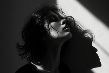 A study in contrasts, a woman's form carved by shadows and light, a monochrome mystery.

