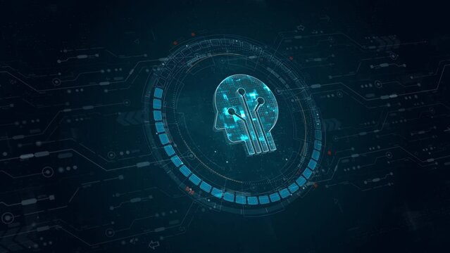 Motion graphic of Blue digital robot head logo and circle futuristic HUD with Ai chatbot and machine learning technology with artificial intelligence and robot icon concepts on abstract background