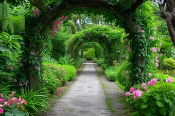 Schilderijen op glas A floral archway beckons, leading to a secret garden path, lush with hydrangeas and timeless allure.   © Kishore Newton