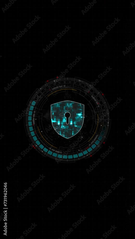 Poster motion graphic of blue digital security shield logo and circle futuristic hud elements with network 
