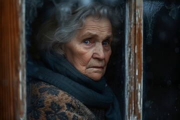 A story in her eyes, an elderly woman gazes out, a silent witness to the ballet of seasons beyond her window.

