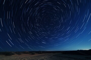 Fototapeta premium A vortex of stars crowns the night sky, circling Polaris, the celestial anchor, over a tranquil desert.