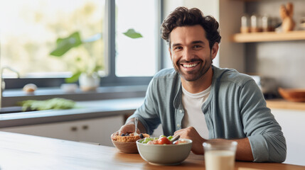 Fototapeta na wymiar Healthy breakfast scene: Man enjoying nutritious meal in bright kitchen, conveying freshness, wellness, and positivity. Ideal for lifestyle and nutrition designs