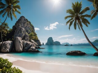 Beautiful panorama of tropical beach at exotic island with palm trees and blue water on a sunny day