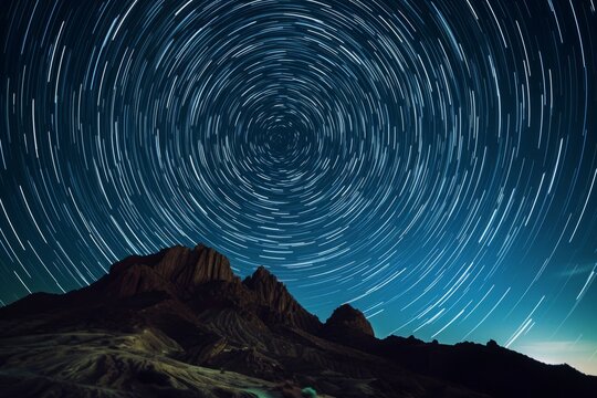 Celestial ballet, star trails circling the night sky, gracing the silent peaks with their eternal dance.

