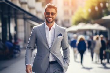 Happy business man in classic suit and sunglasses walks along city street on summer day. Successful and confident man 40-45 years old.