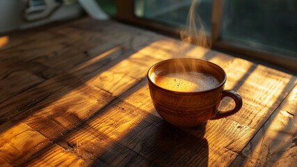 Morning Coffee. A cup of Coffee with steam, the morning light hits the table on a sunny autumn day blurred Background Outdoor, Copy space. Coffee in Cafe