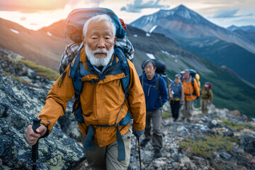 Active pensioners go mountaineering. group of elderly people with backpacks are climbing mountain. - obrazy, fototapety, plakaty