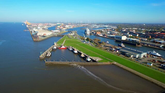 Bremerhaven - Northern Germany - Flight aerial view to the tugboat harbor at the Kaiser lock