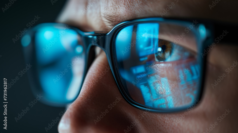 Poster a close-up view of an eye seen through a pair of glasses reflecting blue digital data and graphs, su