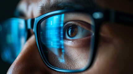 a close-up view of an eye seen through a pair of glasses reflecting blue digital data and graphs, suggesting a theme of technology and analytics