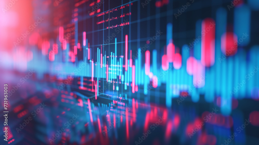 Poster a blurred close-up view of a financial stock market graph on a digital screen with various data poin