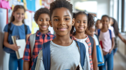 a group of cheerful children with backpacks, holding books and smiling at the camera, likely standing in a school hallway