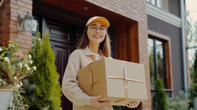 Happy smiling woman receives boxes parcel from courier in front house. Delivery man send deliver express. online shopping, paper containers, takeaway, postman, delivery service, packages..