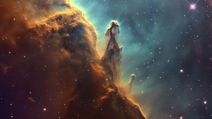 Fototapeta premium Marvel at the cosmic pillars in the Eagle Nebula, towering columns of gas and dust sculpted by the radiant touch of starlight