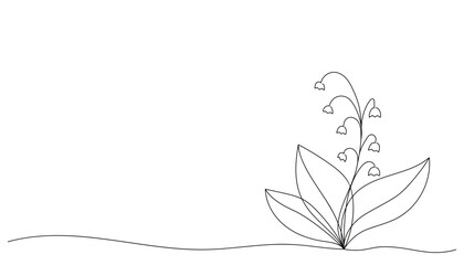 Lily of the valley drawn by one line. Sketch may flowers. Continuous line drawing botanical art. Creative vector illustration in doodle style.