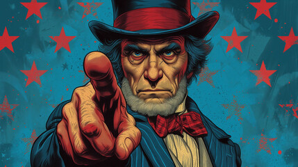 stylized image of uncle sam as an older serious man dressed in old-fashioned clothes and a top hat pointing his finger in front of him at the viewer