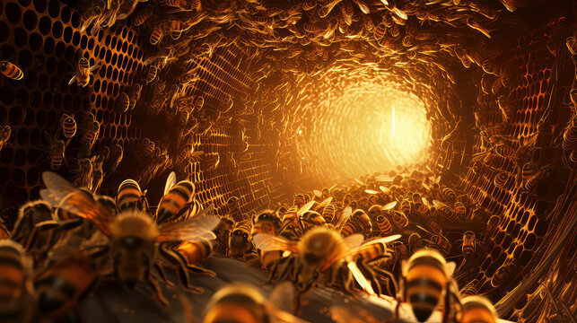 Busy bee inside honeycomb hive, showcasing industriousness and teamwork. Vibrant yellows evoke the sweetness of nature. Ideal for designs promoting biodiversity and eco-friendly practices