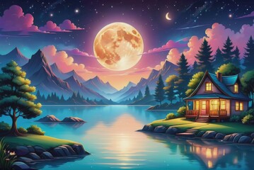 Digital Art Moonlight Wallpaper featuring a serene landscape illuminated by the soft glow of the moon 