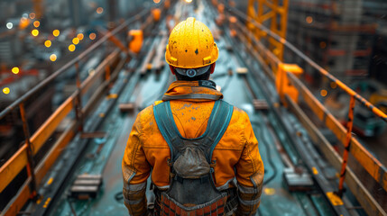 Fototapeta premium back view of male worker in orange work clothes and safety helmet watching large-scale construction