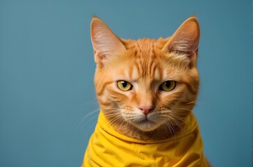 Cute orange tabby kitty in yellow shirt on light blue background with copyspace. Eye catching cat portrait.