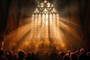 Sunlight streams through stained glass windows as parishioners gather for Easter Sunday service, the air filled with hymns of praise and reverence as they celebrate the resurrection of Jesus - obrazy, fototapety, plakaty