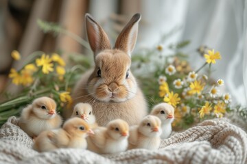 Bunny and Baby Chicks: An adorable photo of the Easter Bunny surrounded by fluffy baby chicks, symbolizing the renewal and rebirth of springtime