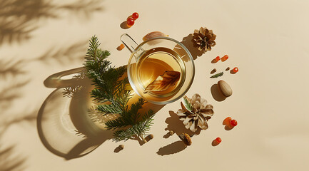 mulled herbal tea with acorns and pine leaves on a be